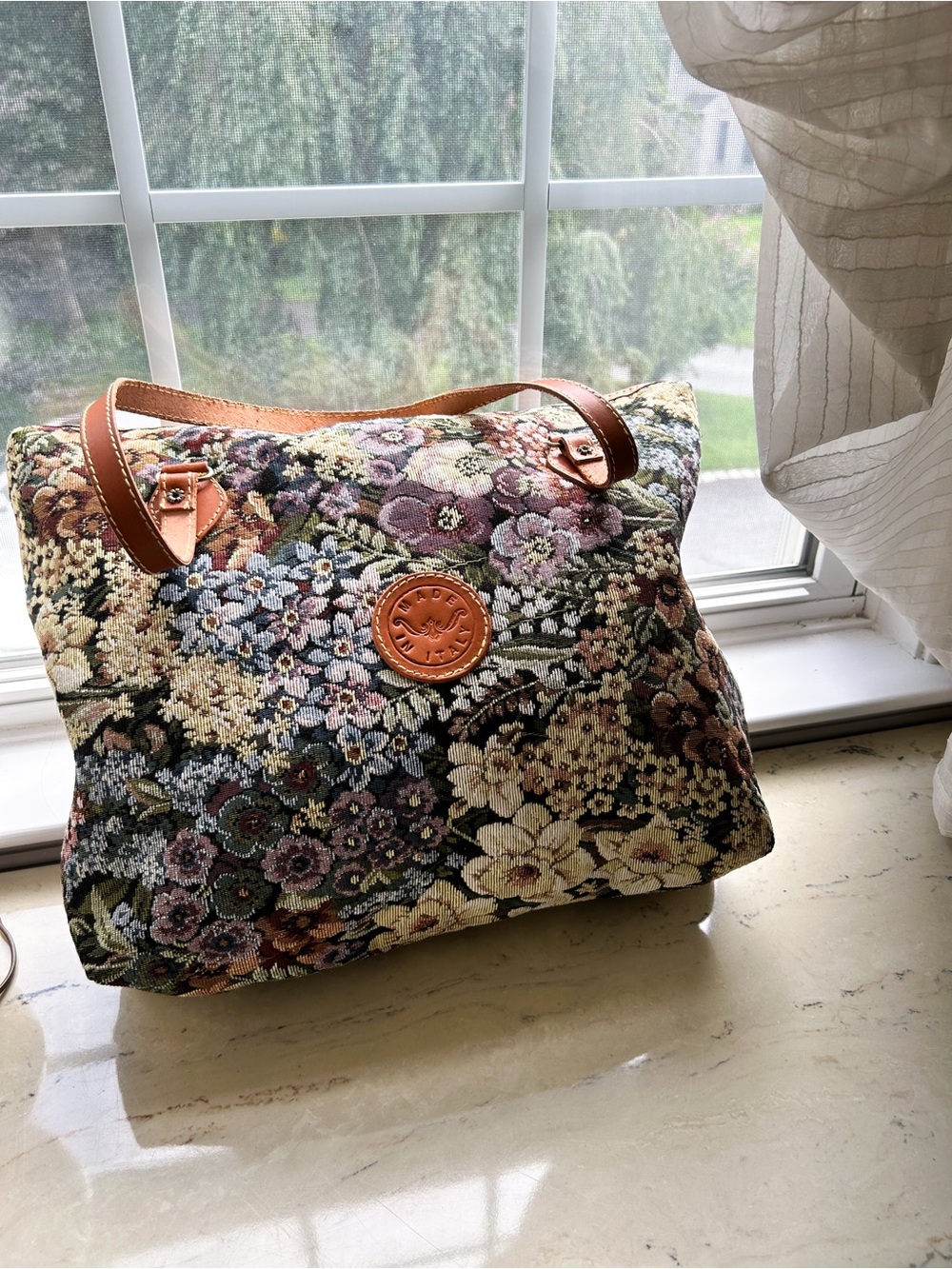 Brahmin Floral Tote Bag with Tan Leather Handles